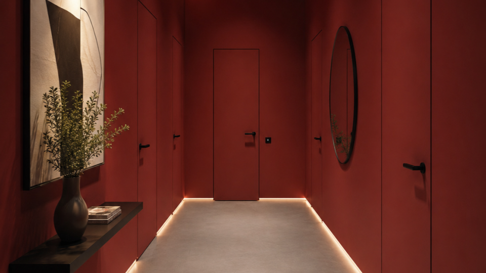 Corredor com paredes e portas em tom de vermelho terracota/vinho. O espaço possui iluminação indireta nas rodapés, piso cinza, um espelho oval e uma mesa lateral com vasos decorativos e livros no lado esquerdo.