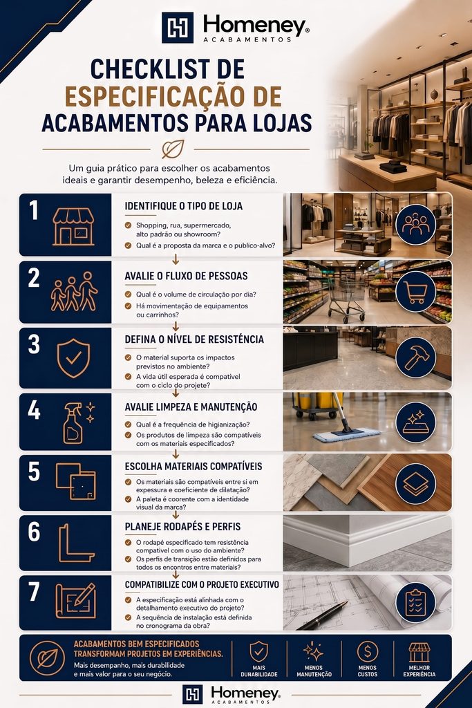 Infográfico da Homeney com um guia de 7 etapas para especificação de acabamentos em lojas.