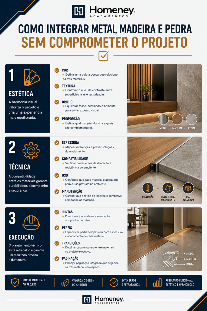 Infográfico de Integração de Materiais (integrar madeira metal e pedra.png)
Infográfico da empresa Homeney com orientações técnicas e estéticas sobre como integrar metal, madeira e pedra na arquitetura de interiores, estruturado em três pilares: Estética, Técnica e Execução, acompanhado de fotos de acabamentos e perfis.