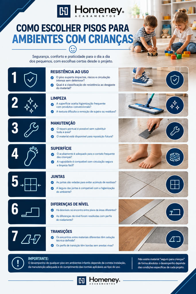 Infográfico da empresa Homeney Acabamentos com o título "Como escolher pisos para ambientes com crianças". O material apresenta 7 tópicos numerados sobre segurança e praticidade (resistência, limpeza, manutenção, superfície, juntas, diferenças de nível e transições), acompanhados por ícones, textos explicativos e fotos ilustrativas.