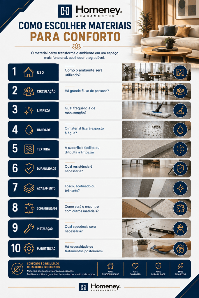 Infográfico mostrando como escolher materiais para conforto da Homeney.