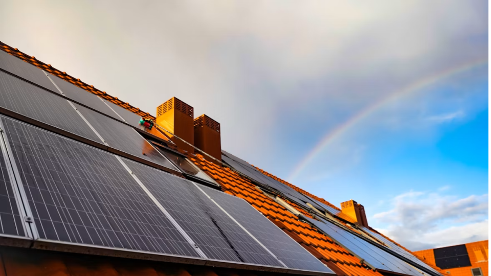 Telhado inclinado com telhas cerâmicas alaranjadas e diversos painéis solares fotovoltaicos instalados em sua superfície. Ao fundo, sob um céu parcialmente nublado, destaca-se um arco-íris suave atravessando o horizonte.