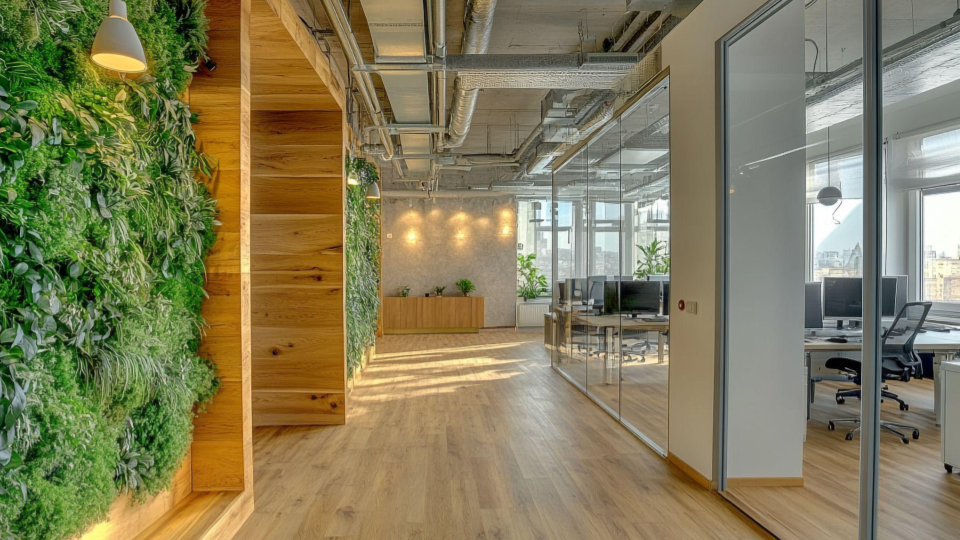 Corredor de escritório com parede verde e piso amadeirado
Ambiente corporativo moderno integrando painéis de madeira, jardim vertical denso e divisórias de vidro com vista para salas de reunião.