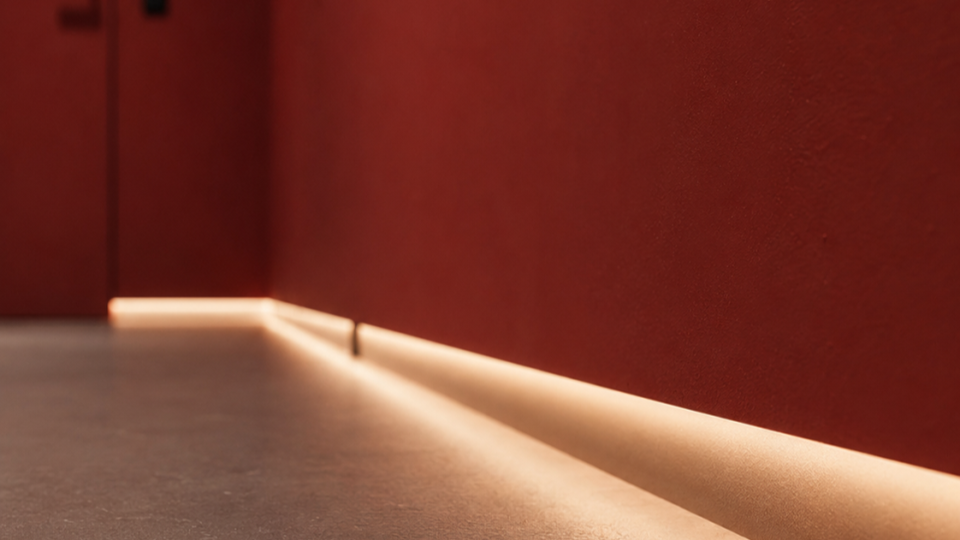 Rodapé com iluminação LED embutida
Iluminação linear indireta instalada no rodapé de uma parede terracota/vermelha, criando um efeito de luz guia suave no piso.
