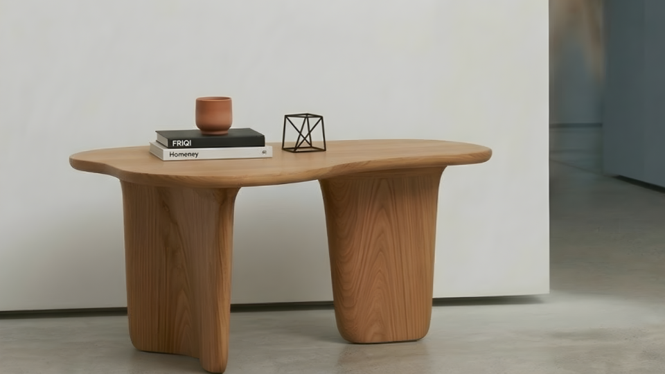Uma mesa de centro feita de madeira maciça ou lâmina natural de madeira em tom claro, apresentando um design orgânico e fluido com cantos arredondados e pernas largas e maciças.