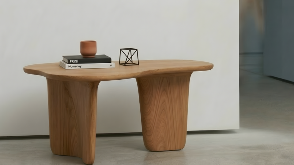 Mesa de centro de madeira clara com formato orgânico e bordas arredondadas, apoiada sobre duas bases sólidas. Sobre a mesa, há dois livros empilhados com um copo de cerâmica terracota em cima, além de uma pequena escultura geométrica de metal preto.
