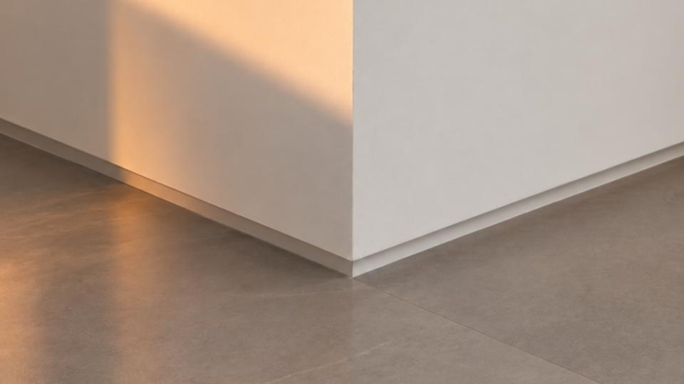 A imagem destaca um detalhe arquitetônico minimalista do canto de uma parede com acabamento moderno.