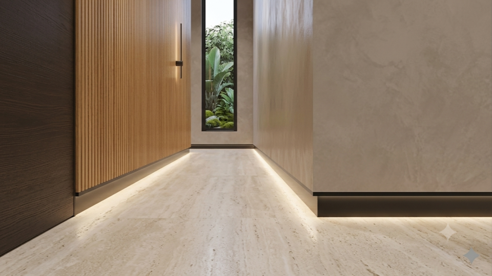 Corredor elegante de estilo minimalista com painel de madeira ripada, paredes neutras e iluminação indireta de LED rente ao piso.