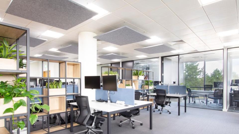 Ambiente de trabalho amplo e bem iluminado, equipado com estações de trabalho brancas, divisórias azuis baixas, divisórias vazadas em madeira com plantas integradas, além de painéis acústicos cinzas suspensos no teto.