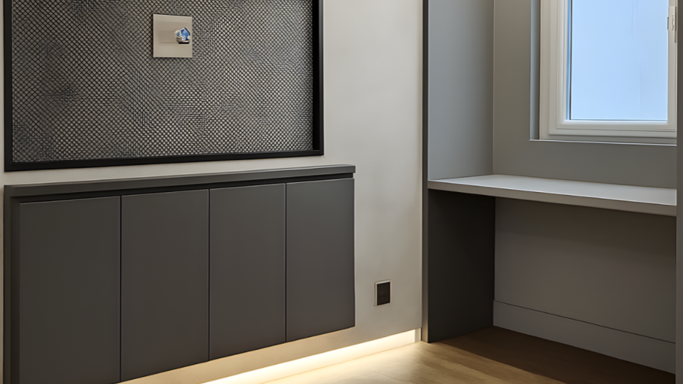 A imagem mostra o interior de um ambiente moderno e funcional, com design contemporâneo e estilo levemente industrial.