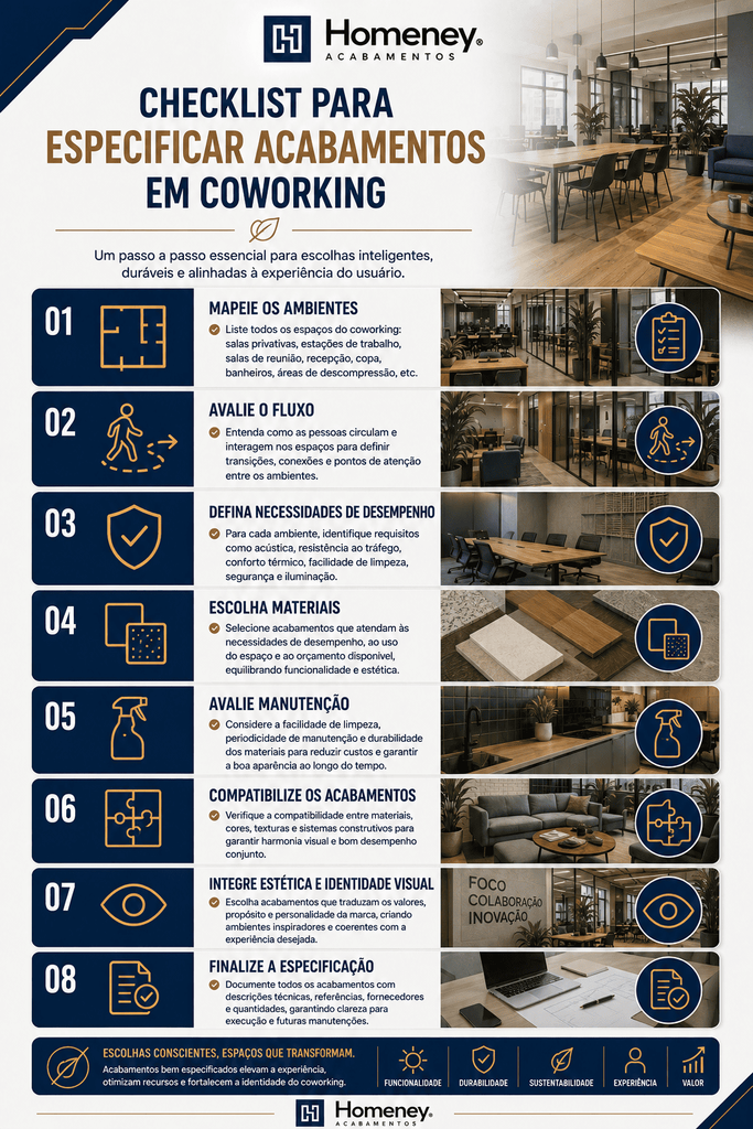 Infográfico: "Checklist para Especificar Acabamentos em Coworking"
Guia da empresa Homeney em 8 passos (mapeamento, fluxo, desempenho, materiais, manutenção, compatibilização, identidade e especificação) para projetos de escritórios compartilhados.